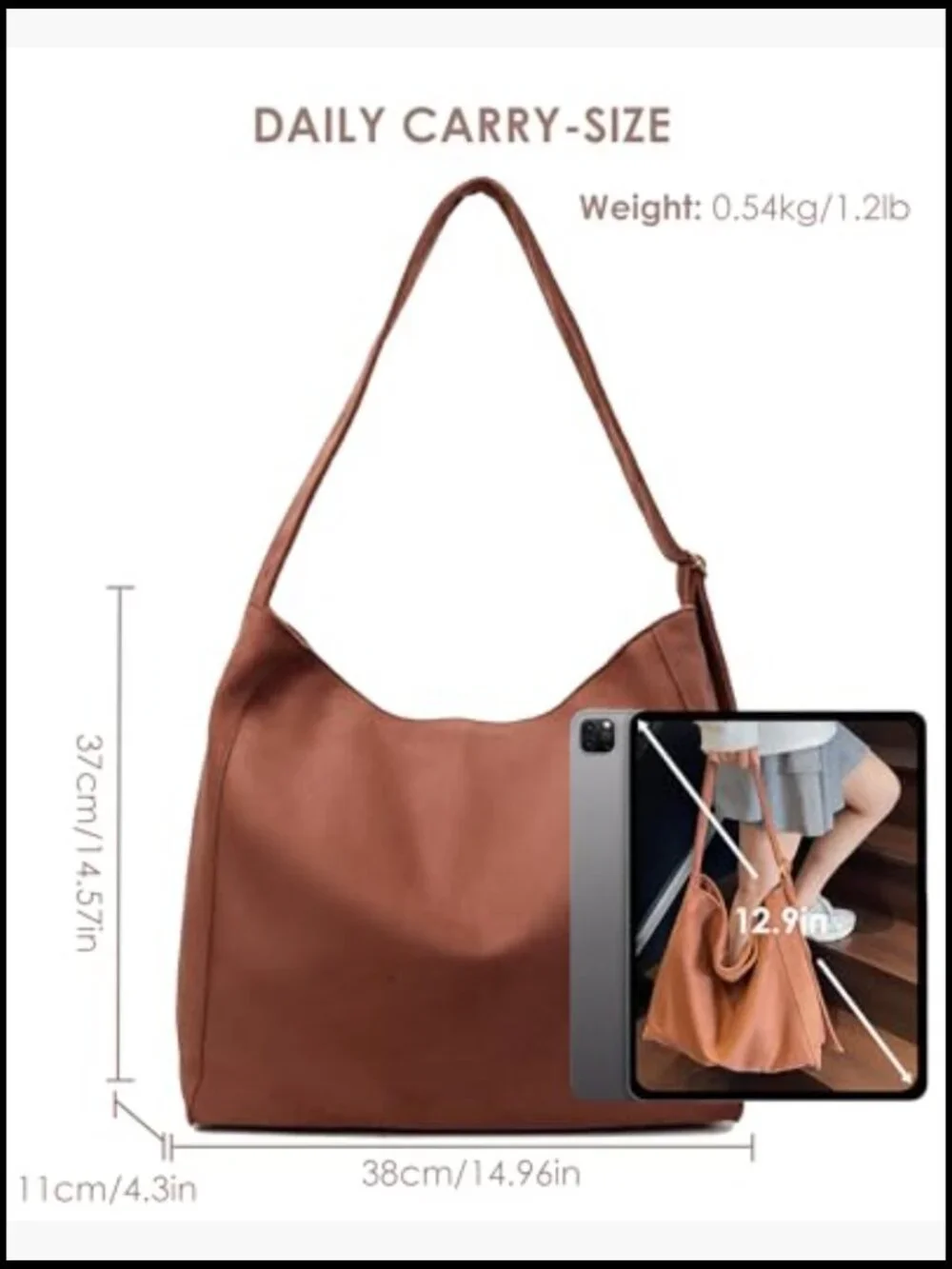Faux Suede Tote Bag Slouchy Hobo Shoulder Crossbody Purse Large Lightweight